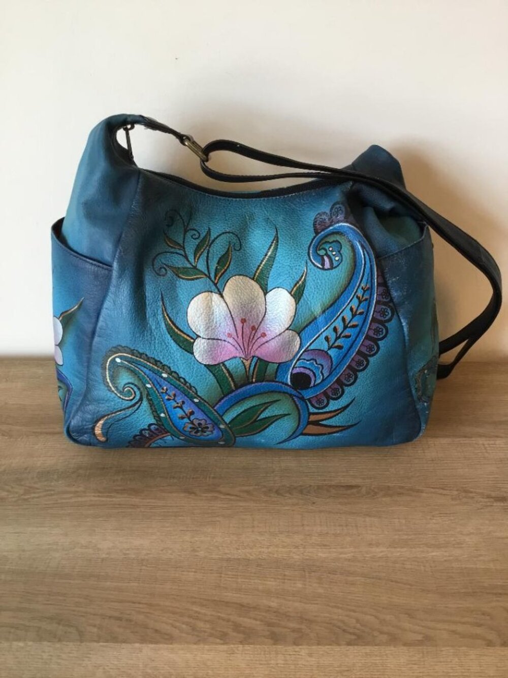 Anuschka Teal Floral Shoulder Bag with Pink and Blue Accents and Makeup Bag